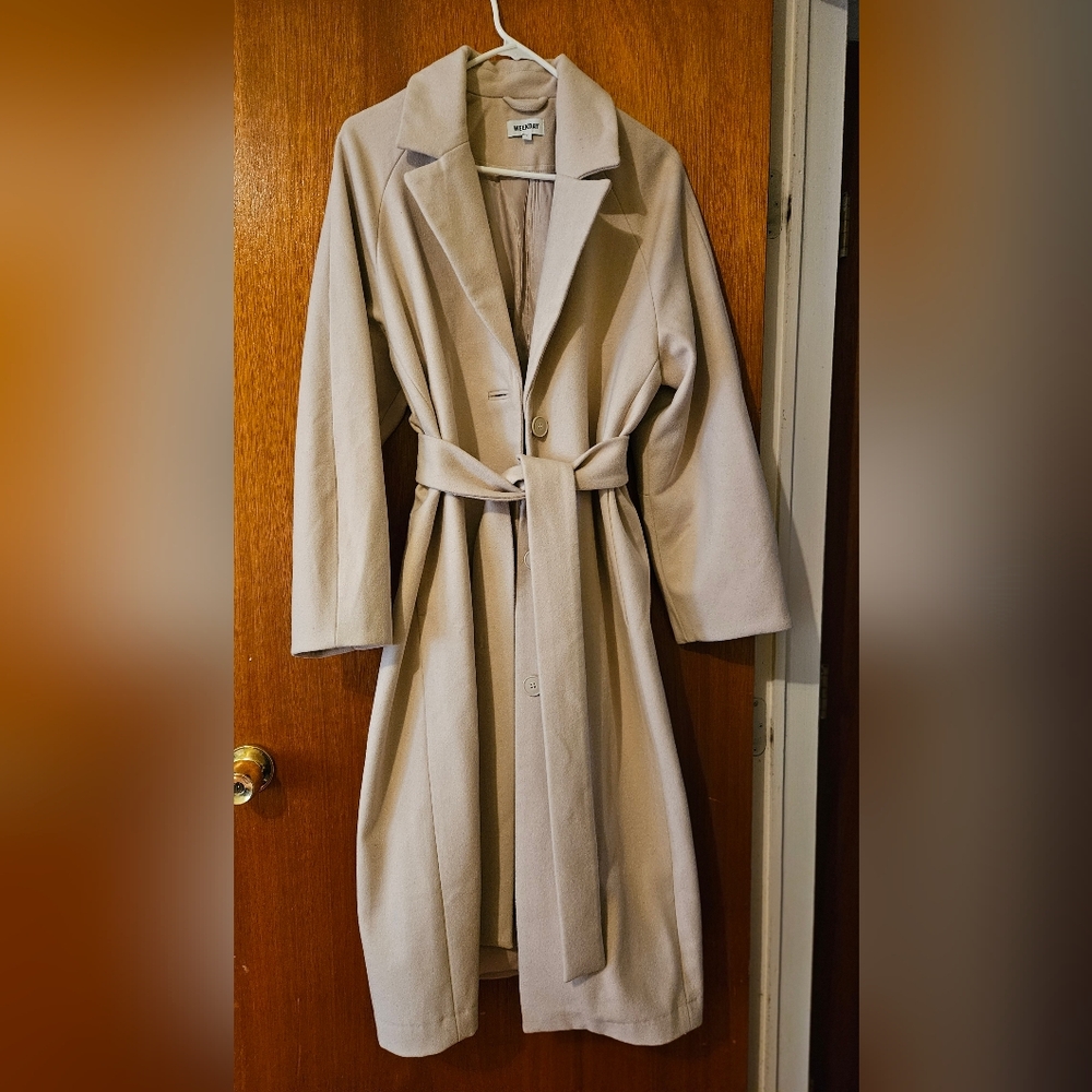 Weekday Oversized Long Ivory Trench Coat with Belt